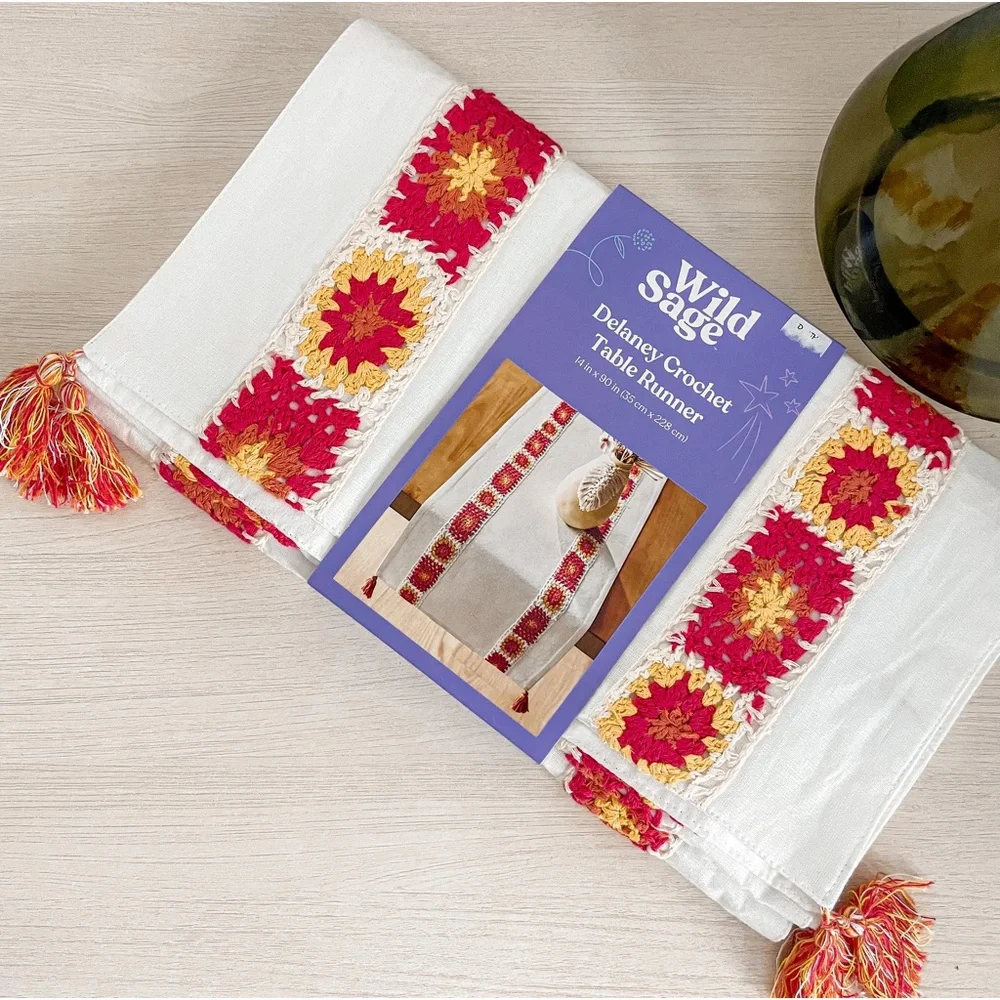 NEW Wild Sage Delaney Crochet Table Runner with Tassels 14 in x 90 in